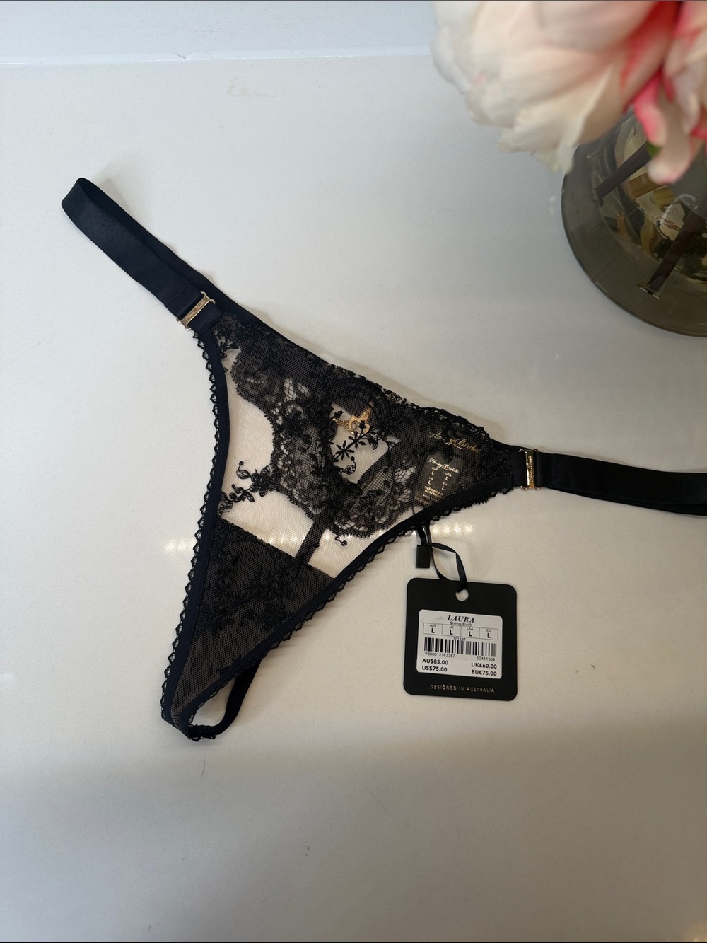 Honey Birdette Laura Collection Lace Sheer Thong Panty - Black L